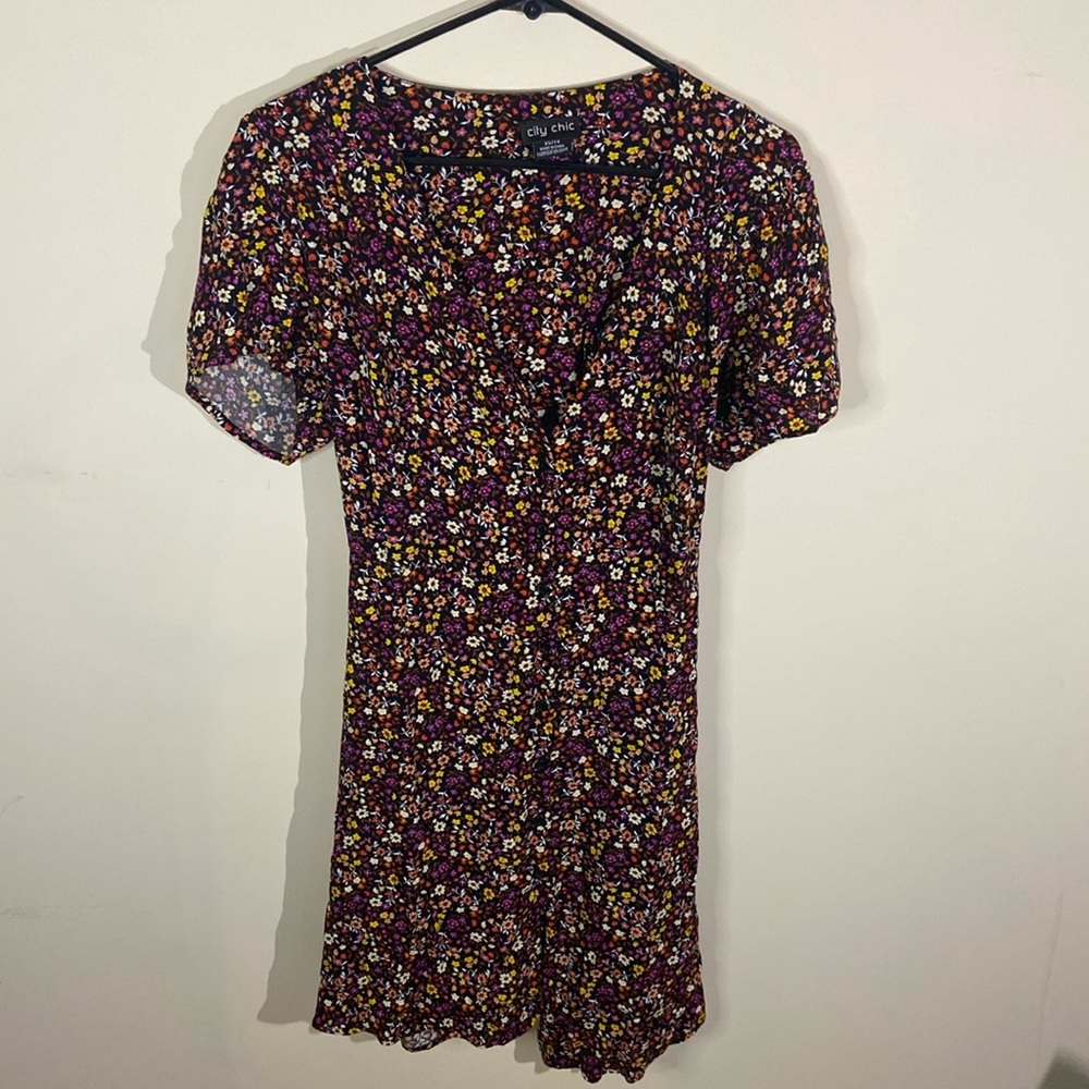 City Chic Black Floral Button up&Tie Back Dress